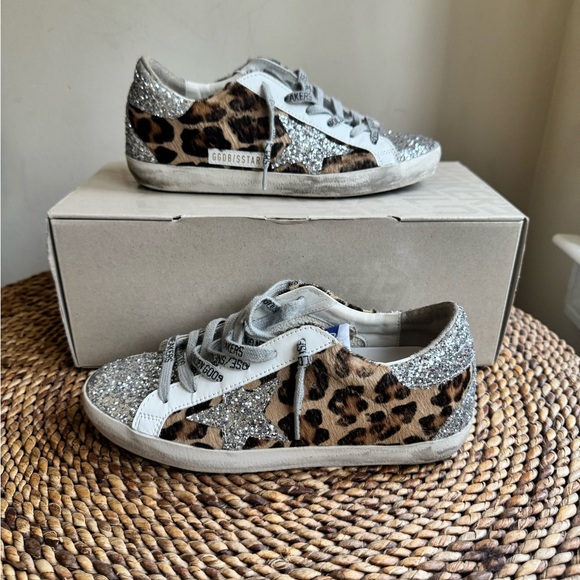 Golden Goose Shoes - Golden Goose Silver Glitter & Leopard Print Superstar Sneakers
